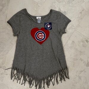 Genuine merch Chicago Cubs Gray Fringed Kids Shirt with Red Heart Patch